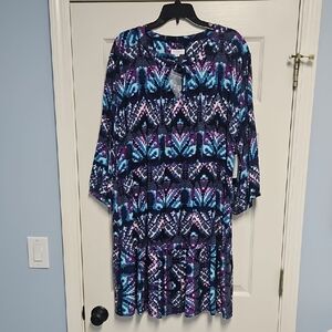 Westbound Plus Size 3/4 Sleeve Tied V-neck Lightweight Dress: Tie Dye: Size- 2X